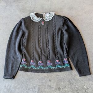 Vintage Susan Bristol Black Wool Angora Floral Embroidered Lace Collar Sweater